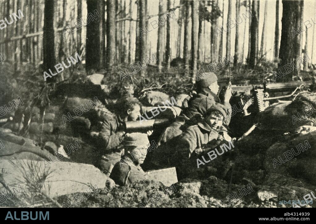 'Village Fighting in Flanders: a Maxim gun in action on the British Front', First World War, 1915, (c1920). From "The Great World War - A History" Volume III, edited by Frank A Mumby. [The Gresham Publishing Company Ltd, London, c1920].