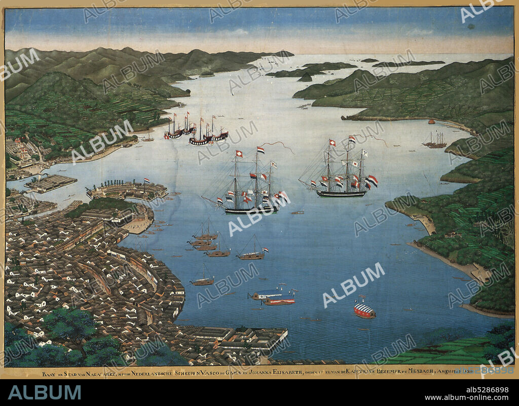 KEIGA KAWAHARA. The island of Deshima in the bay of Nagasaki with the ships Vasco da Gama and Johanna Elisabeth.