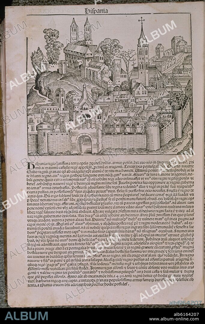 HARTMANN SCHEDEL (1440-1514). HISPANIA - PAGINA DEL LIBER CHRONICARUM O CRONICA DE NUREMBERG - IMPRESO EN 1493 - INCUNABLE.