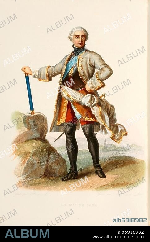 Sachsen, Moritz Graf von, gen. Marechal de Saxe; franz. Marschall (natürl. Sohn Augusts des Starken und der Aurora von Königsmarck); Goslar 28.10.1696 - Chambord 30.11.1750. / - "LE M.AL DE SAXE". - / Kupferstich, koloriert, von Léon Mauduison nach Friedrich Bouterwek (1806-1867). Aus: Le Plutarque français, Bd. 5, Paris 1846, S. 223. Paris, Privatsammlung.