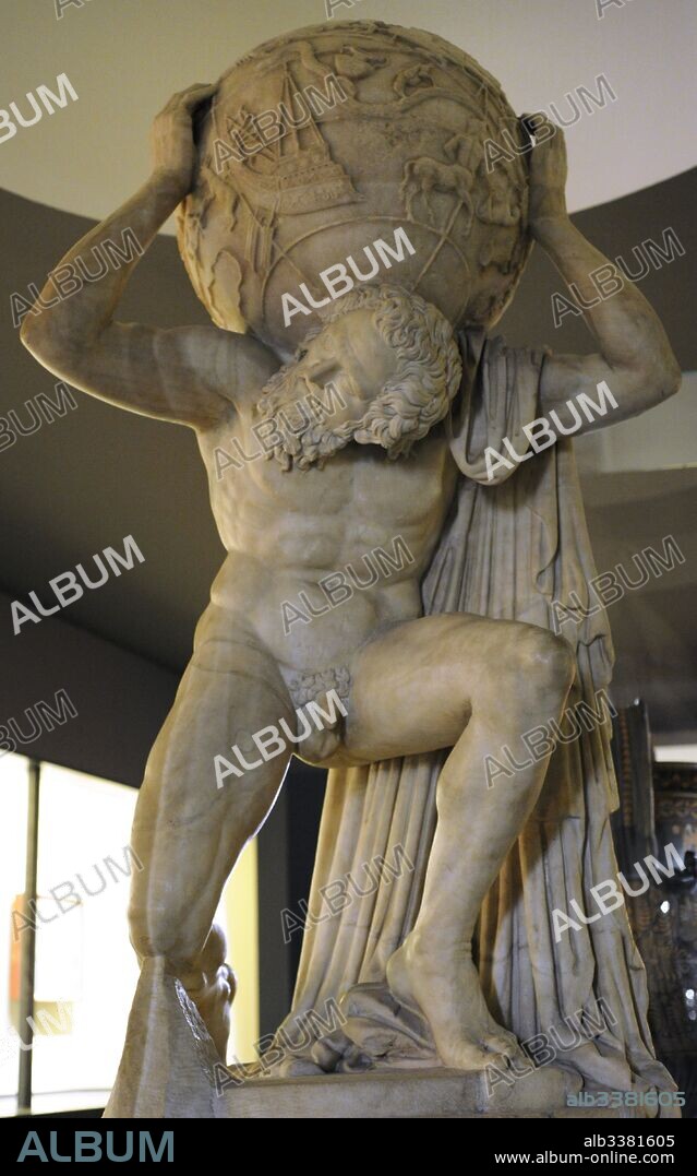 Atlas Farnesio. Siglo II. Estatua de mármol. Copia romana según un original helenístico del siglo I a. C. Museo Arqueológico Nacional. Nápoles. Italia. Atlas Farnese. 2nd century AD. Roman copy after a Hellenistic original of the 1st century BC. Marble. National Archaeological Museum. Naples. Italy.