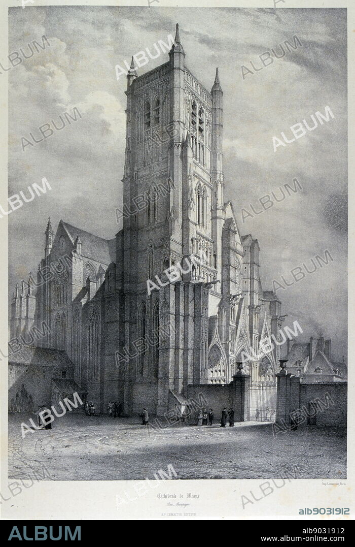 Meaux Cathedral (Cathedrale Saint-Etienne de Meaux), Roman Catholic church in Meaux, France. Construction of the cathedral began between 1175 - 1180, when a structure in Romanesque style was started. Drawing by Isidore Justin Severin Taylor, baron Taylor 1789-1879, Artist and philanthropist.