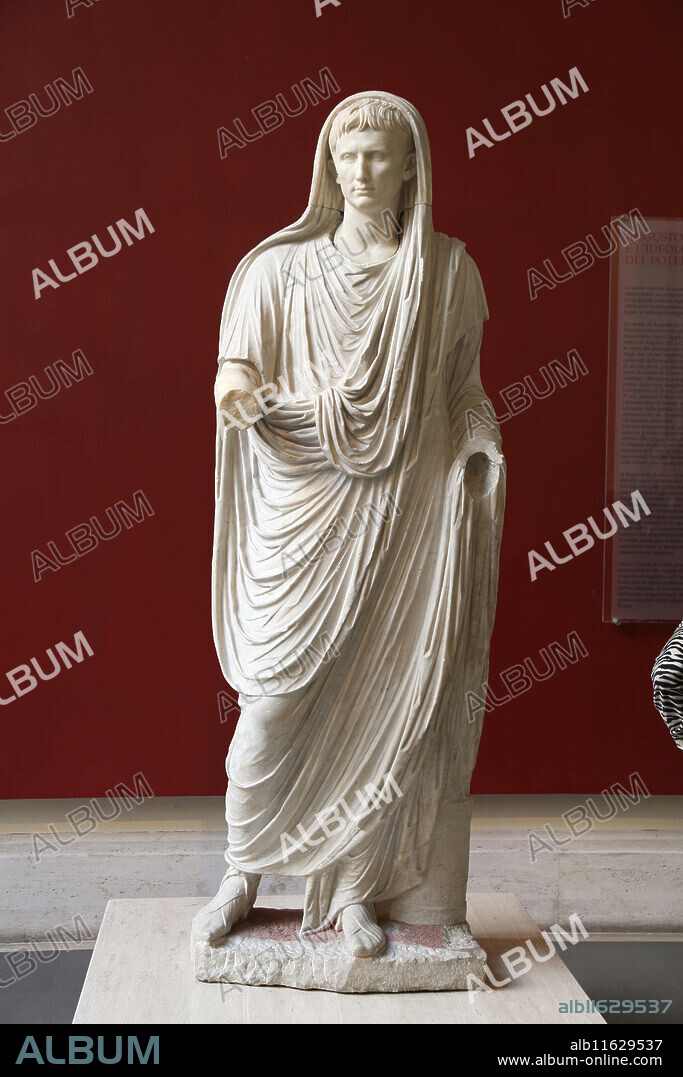 Via Labicana Augustus. Sculpture of the Roman Emperor Augustus (63BC-14AD) as Pontifex Maximus. 12BC. National Museum of Rome. Massimo Palace. Rome. Italy.