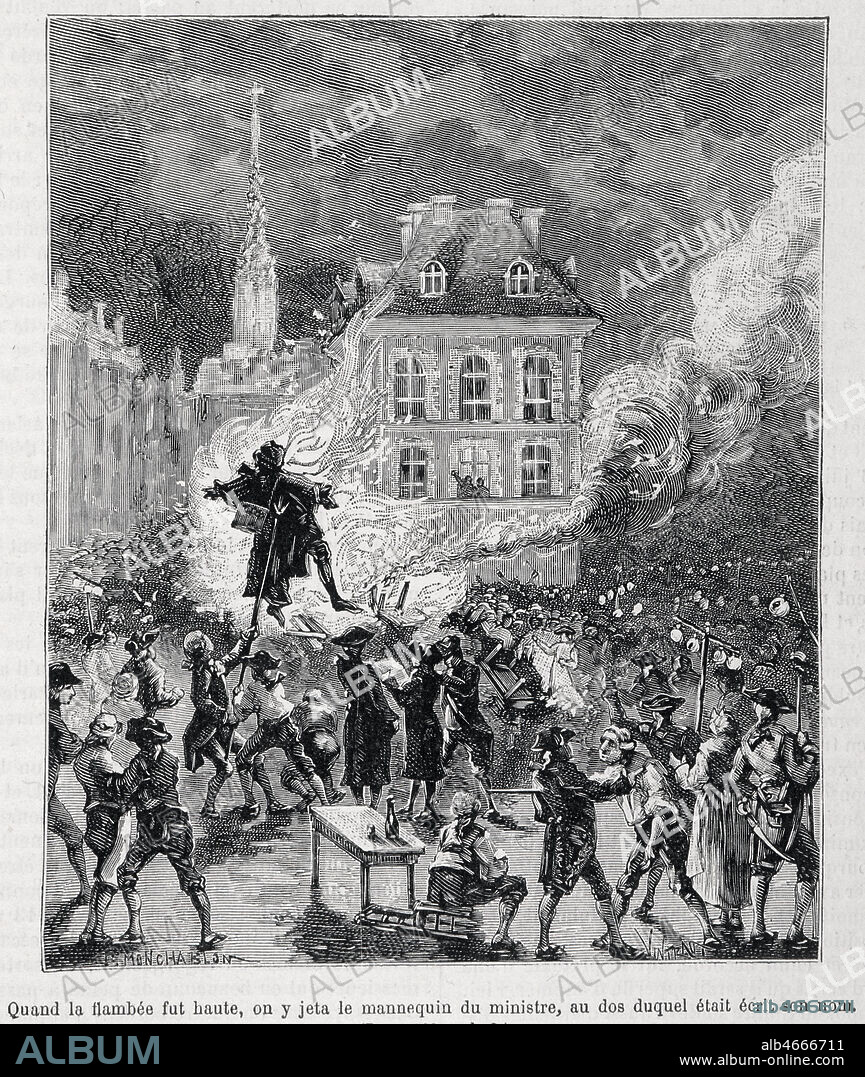 'Quand la flambee fut haute, on y jeta le mannequin du Ministre, au dos duquel etait ecrit son nom', effigie du ministre CALONNE brulee place Dauphine le 1er octobre 1787, gravure in Paris a Travers les Siecles vers 1880-1890. Credit : Collection KHARBINE-TAPABOR.