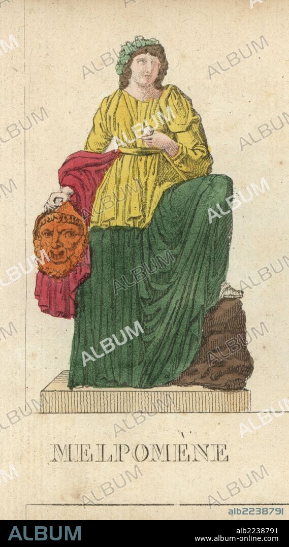 Melpomene, Greek muse of tragedy, with wreath, club and tragic mask. Handcoloured copperplate engraving engraved by Jacques Louis Constant Lacerf after illustrations by Leonard Defraine from "La Mythologie en Estampes" (Mythology in Prints, or Figures of Fabled Gods), Chez P. Blanchard, Paris, c.1820.