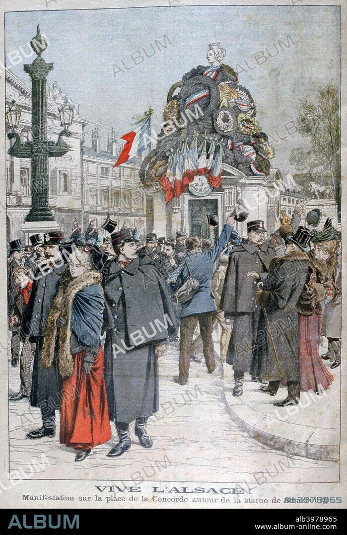 Strasbourg statue, Place de la Concorde, Paris, 1904. After the Franco-Prussian War of 1870-1871, when Alsace-Lorraine was lost to Germany, the Strasbourg statue was covered in black mourning crepe on state occasions,[1] and was often decorated with wreaths.