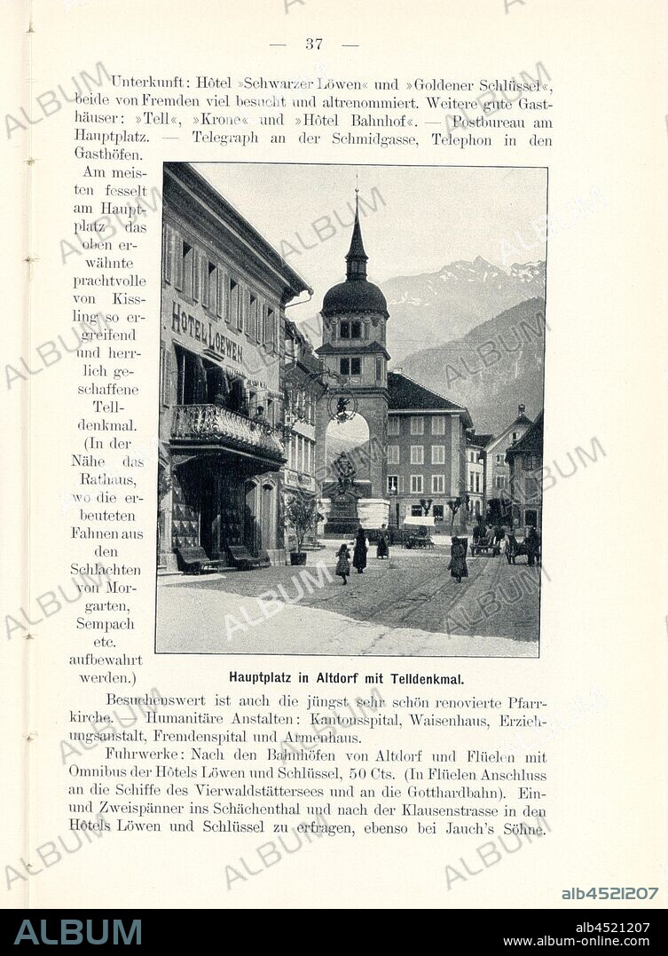 Main square in Altdorf with Telldenkmal, Altdorf in Canton Uri, Signed: M.R.C, Fig. 35, p. 37, Meisenbach, Riffarth und Co. (imp.), 1900, J. Knobel: Illustrierter Reisebegleiter für die Alpenstrasse des Klausen und ihre Zufahrtslinien. Glarus: Buchdruckerei J. Spälti, 1900.