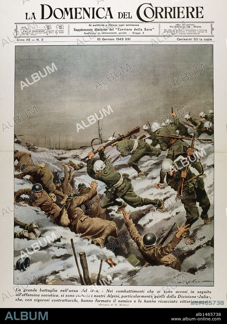 SECOND WORLD WAR. Battle of Stalingrad. River Don Front. Fighting between Russian and German troops."La Domenica del Corriere". Cover. 10 January 1943.