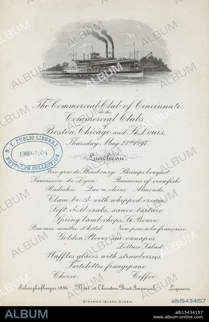 LUNCHEON TO COMMERCIAL CLUBS OF BOSTON, CHICAGO, AND ST. LOUIS held by COMMERCIAL CLUB OF CINCINNATI at, 1897, Date Issued: 1897, Extent: CARD; ILLUS; 5.25 X 7.75, Histories meet plate, Gatherings of minted minds, Diners, now legend.