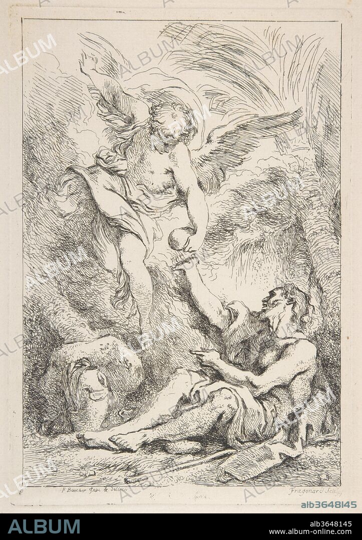 JEAN-HONORÉ FRAGONARD. An Angel Bringing Food to a Hermit. Artist: After François Boucher (French, Paris 1703-1770 Paris); Jean Honoré Fragonard (French, Grasse 1732-1806 Paris). Dimensions: Sheet: 10 1/4 × 9 1/2 in. (26 × 24.1 cm)
Plate: 9 1/8 × 6 1/4 in. (23.2 × 15.8 cm)
Image: 8 1/2 × 5 7/8 in. (21.6 × 14.9 cm). Date: ca. 1750-56.
In this, his first print, Fragonard demonstrates a ready facility with the etching needle, producing a composition based on a chalk drawing by his master, François Boucher. Using a variety of short and staccato lines, Fragonard evokes the rough textures of the desert, where a saint seated on the rocky ground accepts a gift from an angel. The drawing by Boucher that was his model survives today in the National Gallery of Canada (inv.6888).