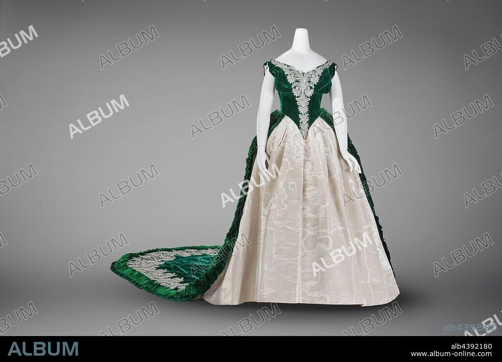 Imperial Russian court dress, Charles Frederick Worth, Designer (English, 1825-1895), about 1888, silk velvet, silver lamé moiré, embroidered with clear glass crystals, silver sequins, silver foil, silver strips, A) bodice: shoulder to hem 14 in., waist 27 in. B) skirt: front to hem 47-1/2 in. C) train: 130 x 60 in., Label: Paris, C WORTH, Paris, Textile and Fashion Arts.