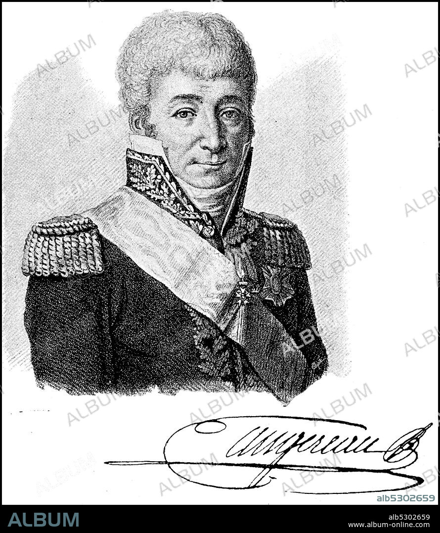 Pierre Augereau, October 21, 1757 - 12 June 1816, Duke of Castiglione, was a revolutionary general and Maréchal d'Empire  /  Charles Pierre François Augereau, 21. Oktober 1757 - 12. Juni 1816, Herzog von Castiglione, war ein Revolutionsgeneral und Maréchal d’Empire, Historisch, historical, digital improved reproduction of an original from the 19th century / digitale Reproduktion einer Originalvorlage aus dem 19. Jahrhundert,.