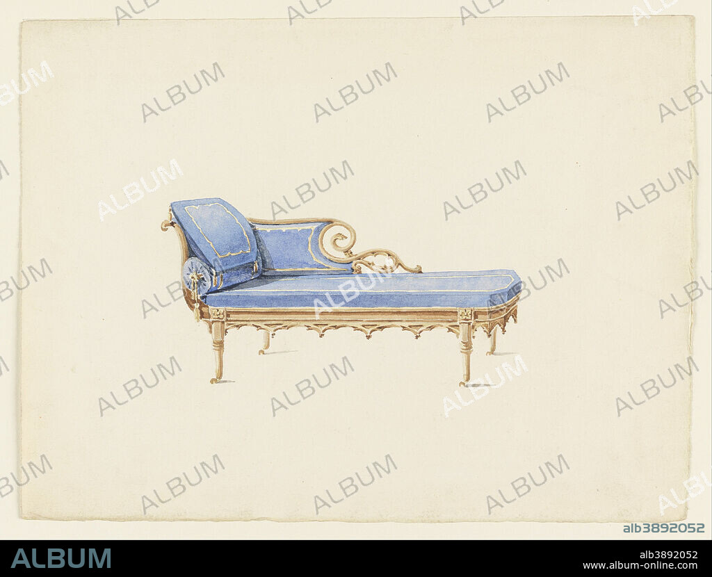 AUGUSTUS CHARLES PUGIN. Design for a Sofa in the Gothic Revival Style Dessin pour une méridienne de style neo-gothique. Date/Period: Ca. 1830. Drawing. Blue, brown, yellow watercolor, graphiteSupport: thick white wove paper. Height: 219 mm (8.62 in); Width: 292 mm (11.49 in).