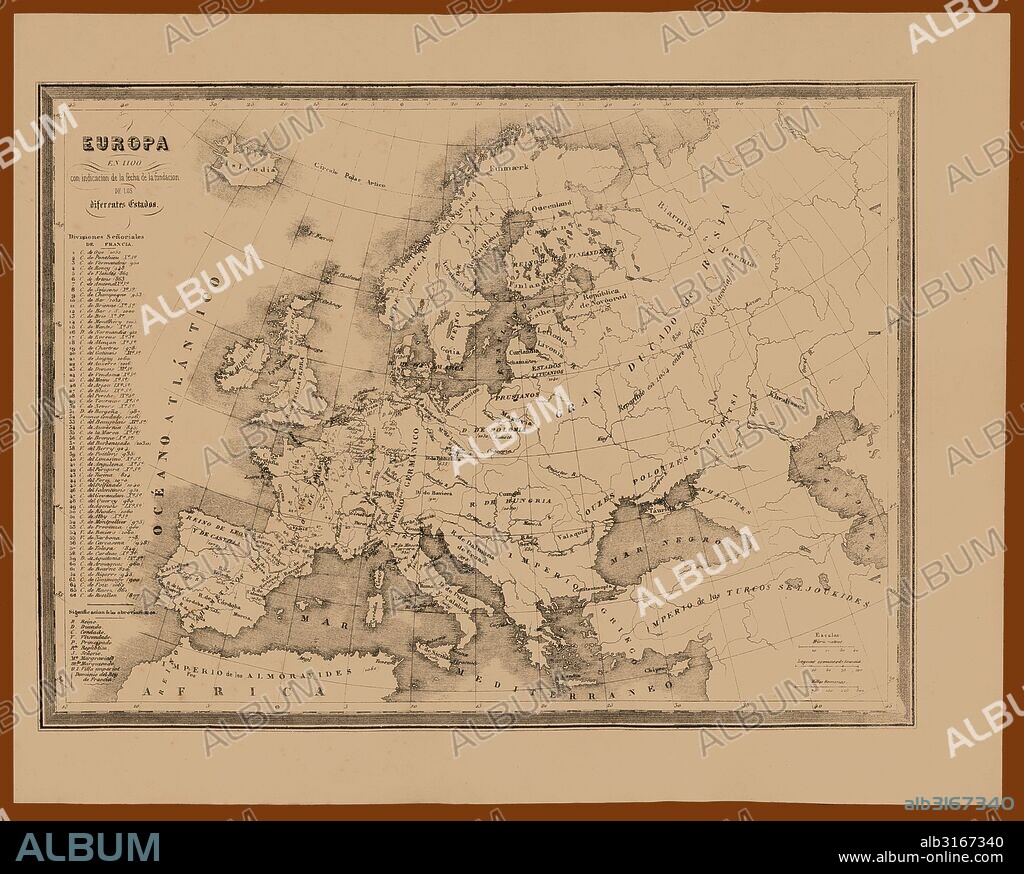 Mapa de Europa en el año 1100, con indicación de la fecha de fundación de los diferentes estados. Grabado de 1870.