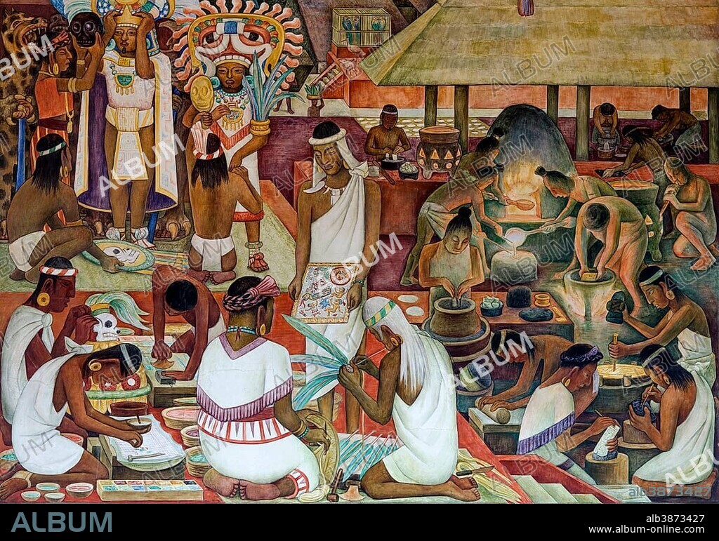 Artisans, colourful fresco paintings by Diego Rivera in the arcades of the Palacio Nacional, National Palace, Zoccalo, Mexico City, Mexico