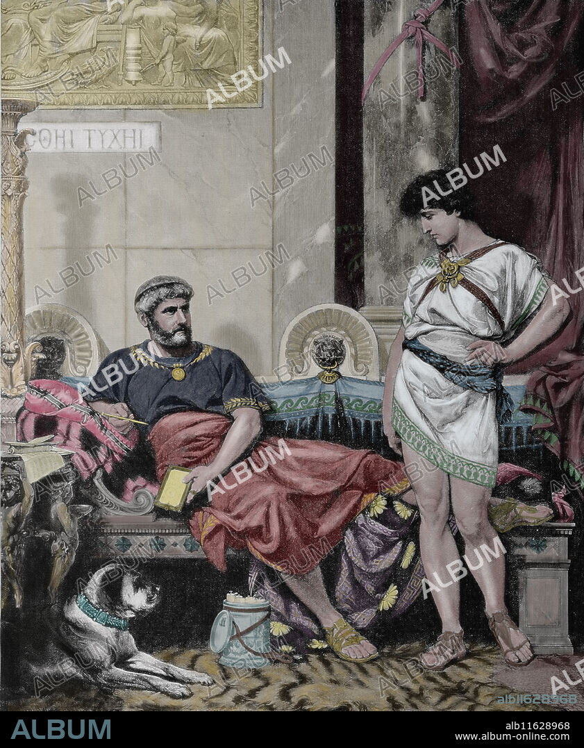 P. SPORRER. Roman Emperor Hadrian (76 AD-138 AD) and your favourite Antinous (111 AD-130 AD). Drawn by Otto Knille (1832-1898). Artistic Illustration, 1885, Spain. Color.