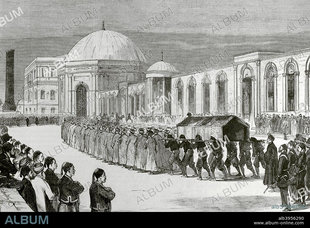 Imperio Otomano. Constantinopla. Entierro del Sultán Abdülaziz I (1830-1876). Llegada de la comitiva al mausoleo del sultán Mahmud II. Grabado de La Ilustración Española y Americana, 30 de junio de 1876. Biblioteca Histórico Militar de Barcelona. Cataluña, España.
