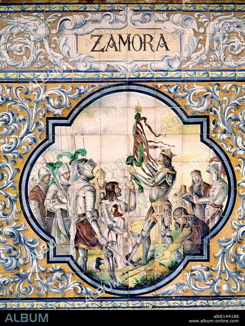 REPRESENTACION DE ZAMORA - BATALLA DE CALATAÑAZOR EN JULIO DE 1002 - MOSAICO DE LA PLAZA DE ESPAÑA DE SEVILLA - SIGLO XX.