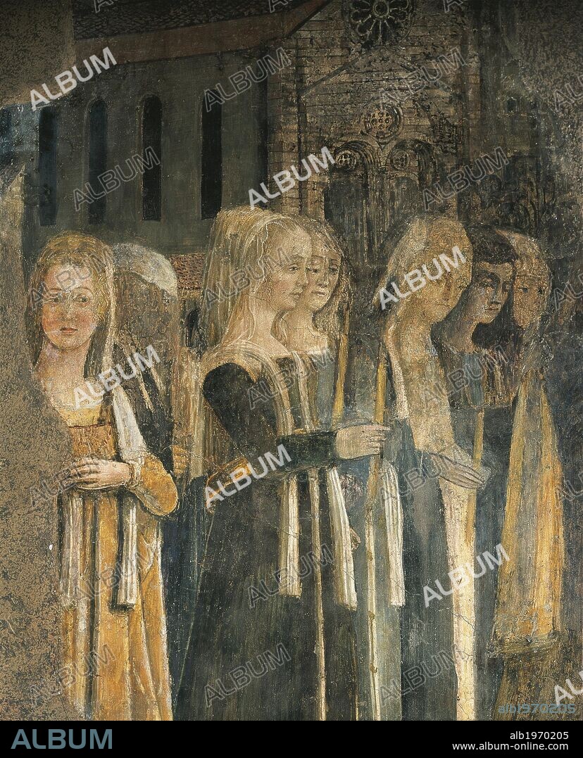 Funeral of St Bernardino, 1461-1480, by Benedetto Bonfigli (1420-1496), fresco, Priors Chapel, Priors Palace, Perugia, Umbria. Detail. Italy, 15th century.