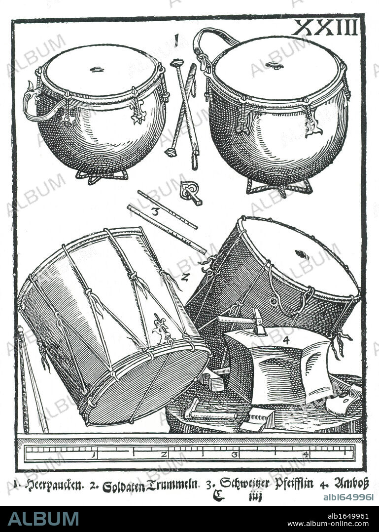 Perucssion Instruments. 1: Military drums, 2: Side drums, 3: Swiss pipes, 4: Anvil. Woodcut from Michael Praetorius Syntagma Musicum, 1615-1620.