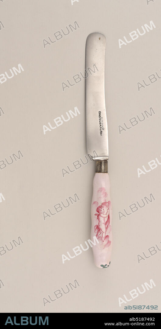 Knife with Camaieu Putti Porcelain Handle, porcelain, vitreous enamel, brass, steel, Blade straight lower edge, upper edge curved with rounded point, plain bolster (reblade). Brass ferrule, round in section. Curved pink porcelain handle, with pink putti and green flowers and foliage., France, ca. 1790, cutlery, Decorative Arts, knife, knife.