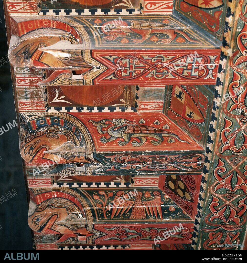 Spain. La Puebla de Castro. Chapel of St. Roman. Paneled wooden ceiling in the choir. Polychromed wood. 14th century.