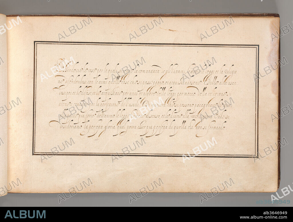 Calligraphic Excersize in Italian (Cursive Script). Artist: Anonymous French or Flemish. Dimensions: Overall: 6 3/4 × 11 1/16 in. (17.1 × 28.1 cm). Date: early 17th century.
Calligraphic exercize in Italian, presented in a double rectangular frame. The text begins with the words 'Essendone le cose per le quali si regge la comunanza (...)' and runs for six lines. Part of an album with 26 examples of calligraphy and micrography, thought to have been produced in France or possibly Antwerp at the beginning of the seventeenth century.