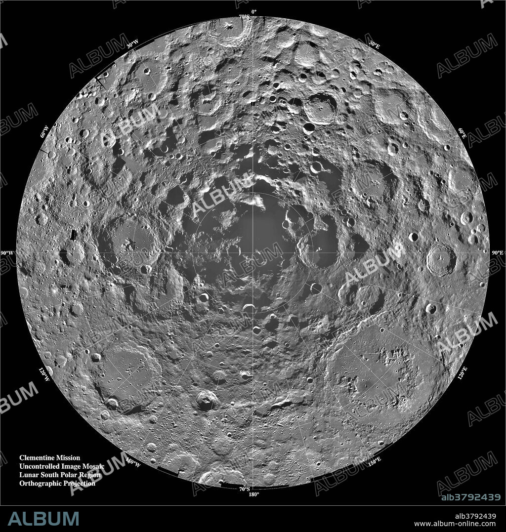 Lunar mosaic of ~1500 Clementine images of the south polar region of the moon. The projection is orthographic, centered on the south pole. The Schrodinger Basin (320 km in diameter) is located in the lower right of the mosaic. Amundsen-Ganswindt is the more subdued circular basin between Schrodinger and the pole. The polar regions of the moon are of special interest because of the postulated occurrence of ice in permanently shadowed areas. The south pole is of greater interest because the area that remains in shadow is much larger than that at the north pole.