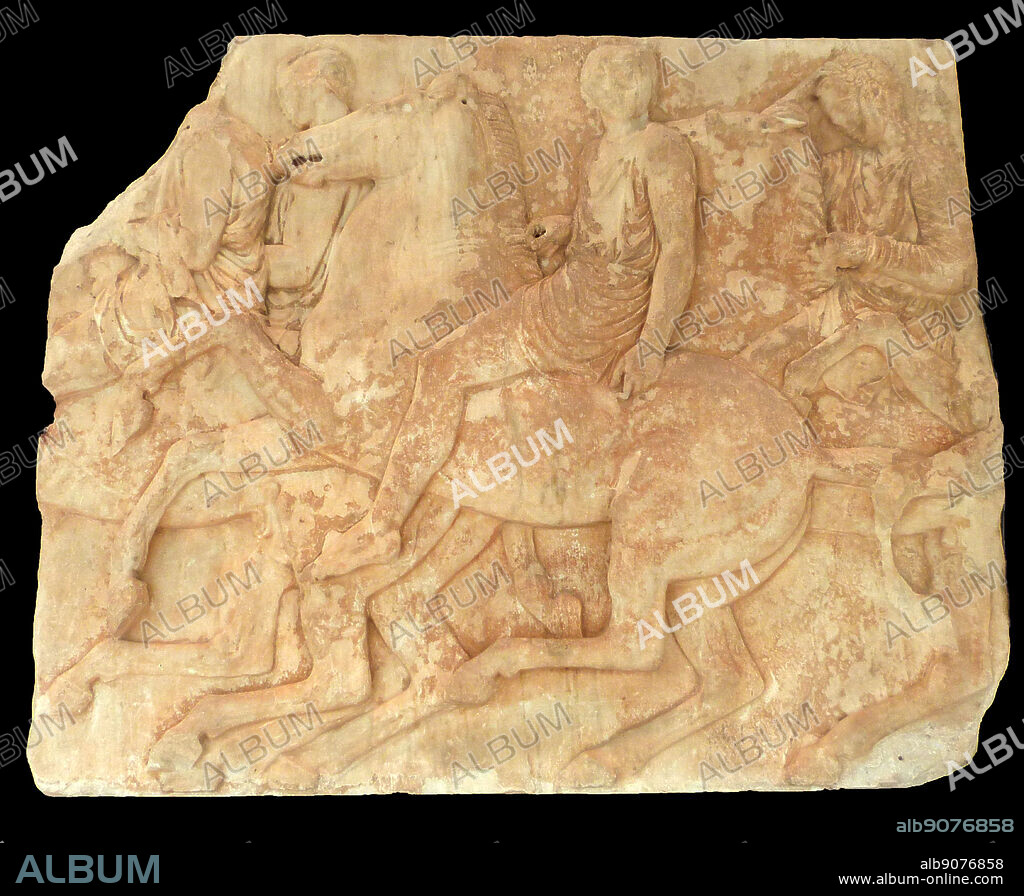 Horseman depicted in part of the Parthenon friezes at the Parthenon/Acropolis museum, Athens.