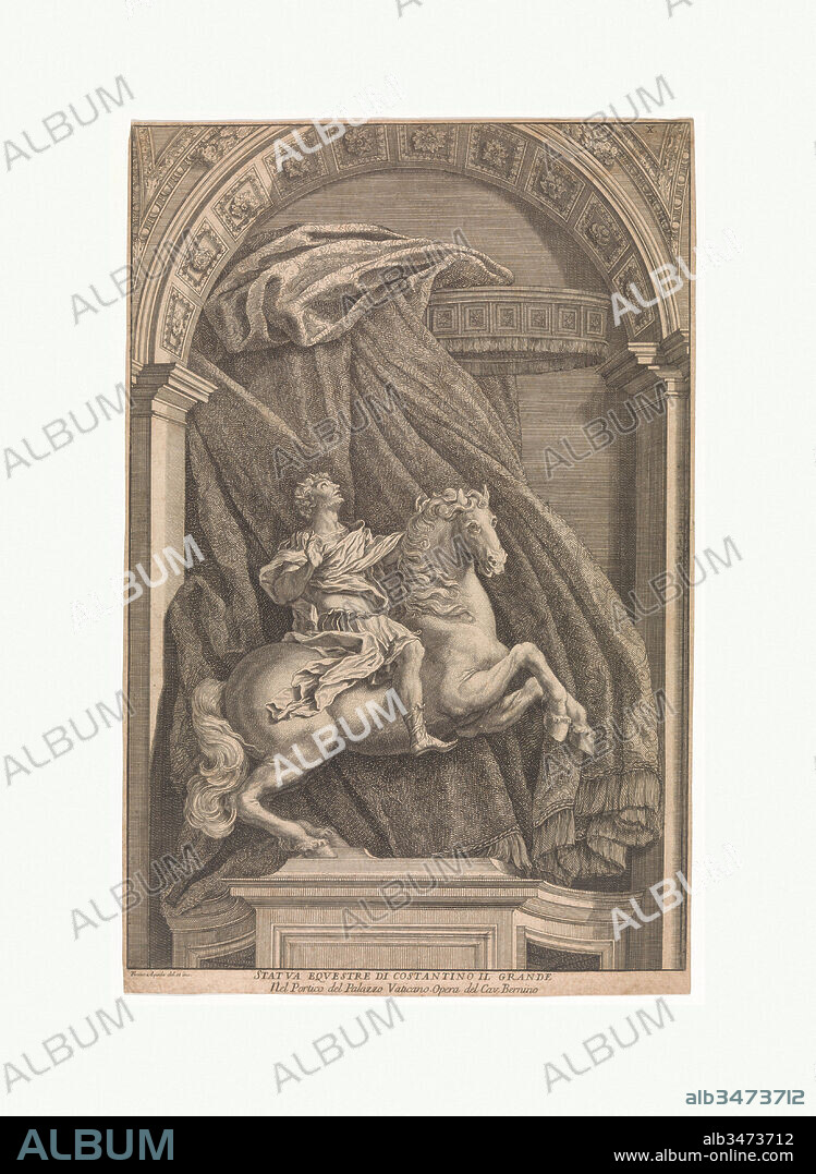 Equestrian Statue of Constantine the Great, 1690–1740, Etching, 15 13/16 x 11 7/16 in. (40.1 x 29 cm), Prints, Francesco Faraone Aquila (Italian, Palermo 1676–1740 Rome), After Gian Lorenzo Bernini (Italian, Naples 1598–1680 Rome), View of the equestrian statue of Constantine the Great by Gian Lorenzo Bernini in its niche by the Scala Regia in the Vatican Palace. The statue depicts the emperor at the moment when he experiences a vision of the Holy Cross, just before the battle of the Milvian bridge.