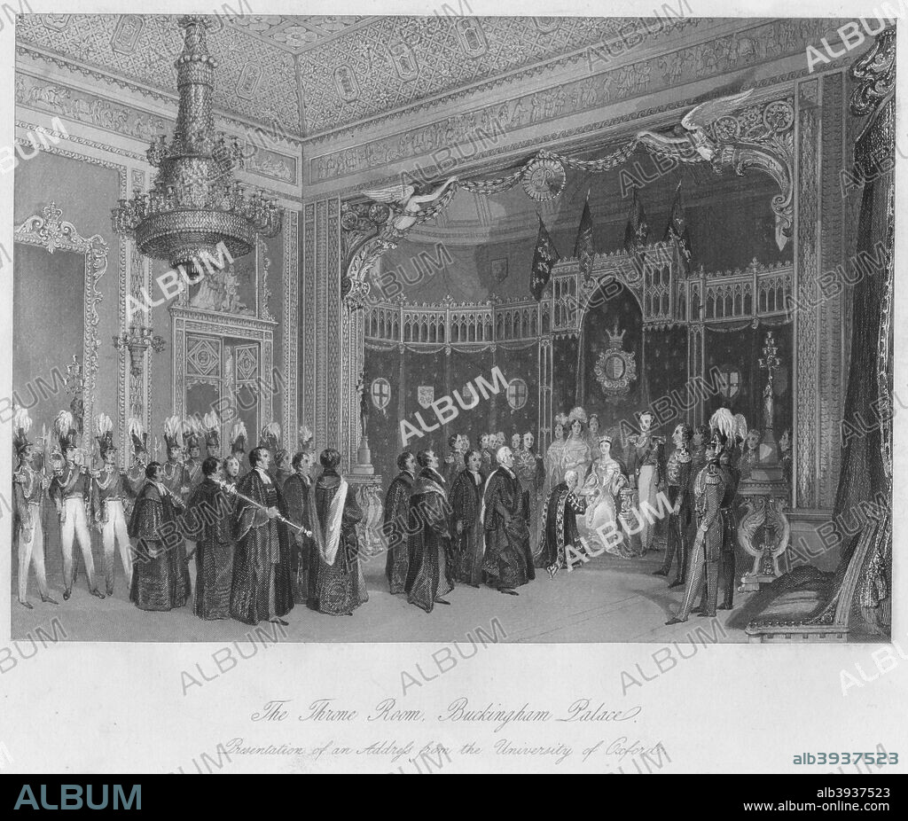 'The Throne Room, Buckingham Palace. Presentation of an Address from the University of Oxford', c1841. From London Interiors with their Costumes & Ceremonies from Drawings made by permission of the Public Offices. Proprietors & Trustees of the Metropolitan Buildings, by Joseph Mead. [Joseph Mead, London, c1841].