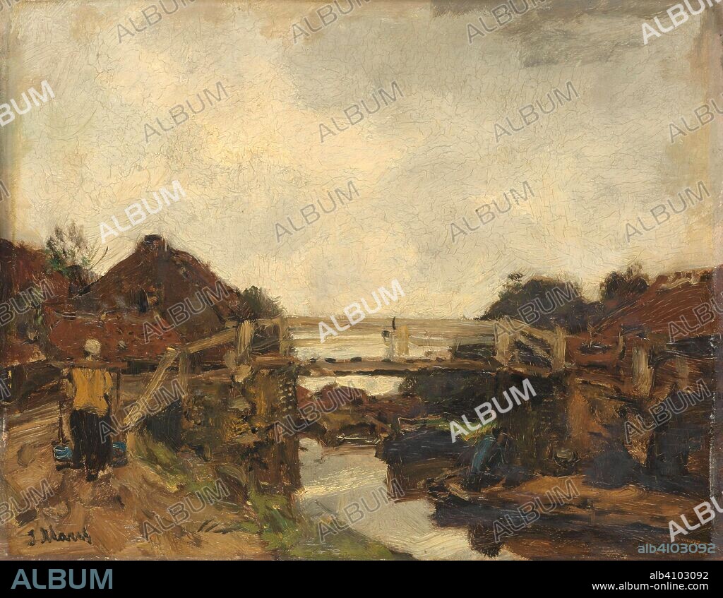 JACOB MARIS. Wooden Bridge across a Canal at Rijswijk. Houten brug over een vaart bij Rijswijk. Dating: c. 1878. Measurements: h 22 cm × w 28 cm.