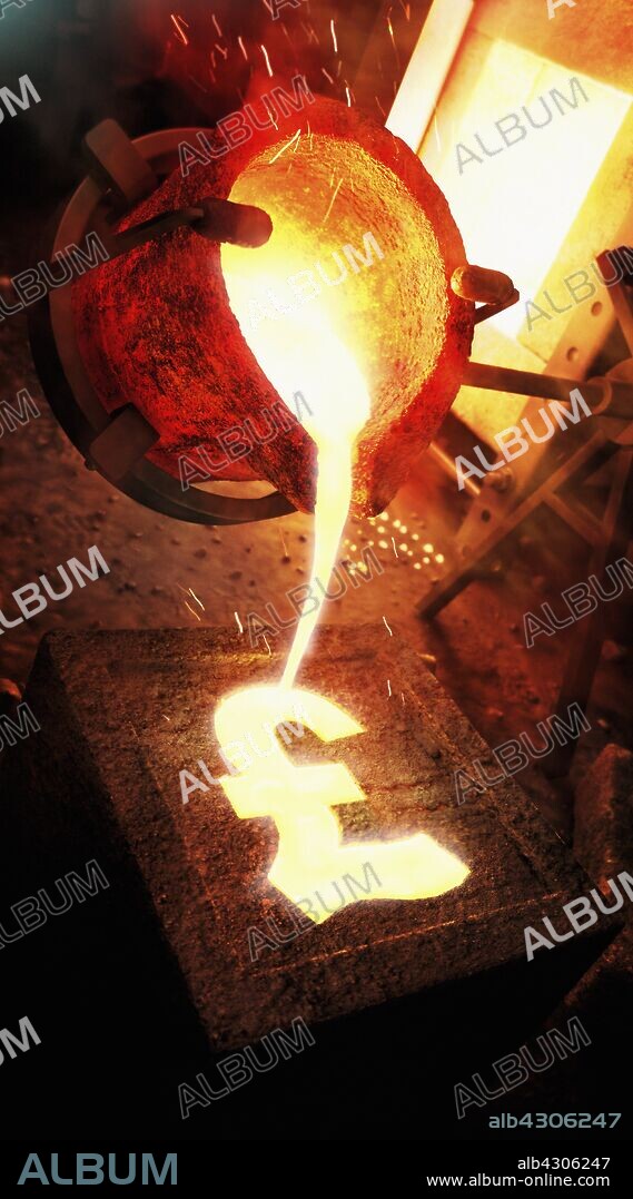 Molten metal pouring into pound sign mold.