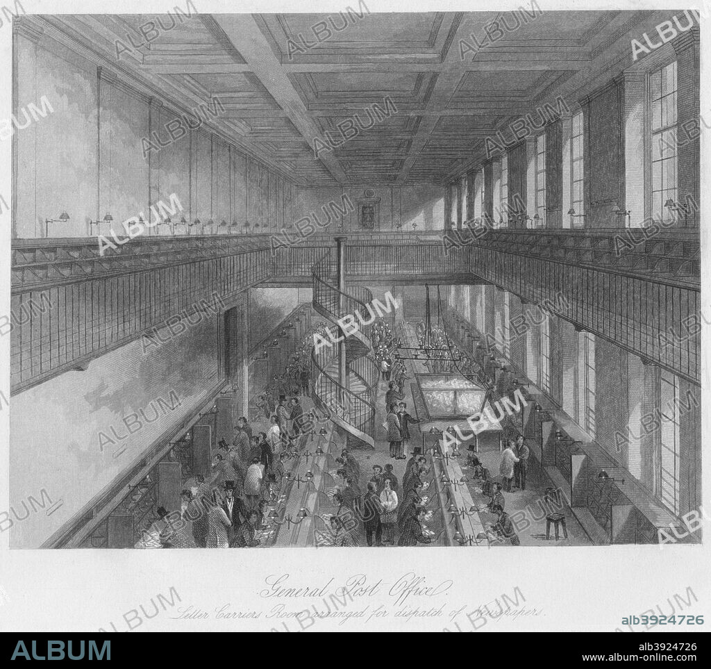 'General Post Office. Letter Carriers Room arranged for dispatch of Newspapers', c1841. From London Interiors with their Costumes & Ceremonies from Drawings made by permission of the Public Offices. Proprietors & Trustees of the Metropolitan Buildings, by Joseph Mead. [Joseph Mead, London, c1841].