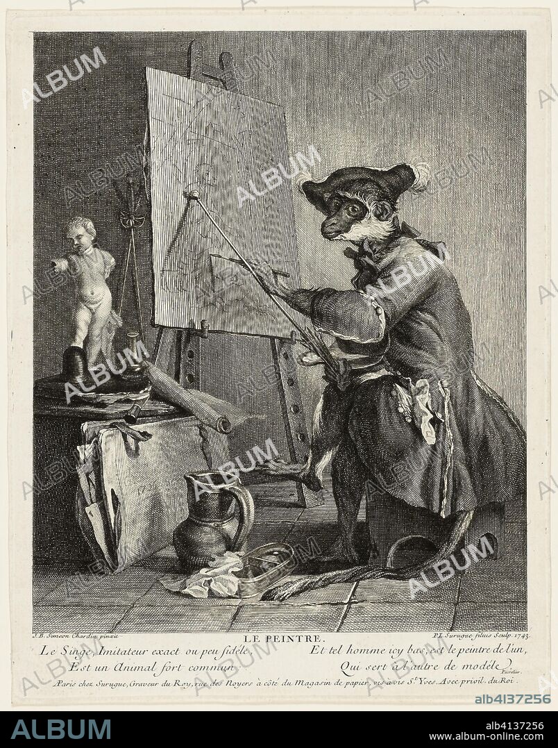 PIERRE LOUIS DE SURUGUE. The Monkey Painter. Pierre-Louis de Surugue (French, 1716-1772); after Jean-Baptiste-Siméon Chardin (French, 1699-1779). Date: 1743. Dimensions: 277 × 228 mm (image); 313 × 247 mm (plate); 320 × 252 mm (sheet). Etching with engraving in black on ivory laid paper. Origin: France.