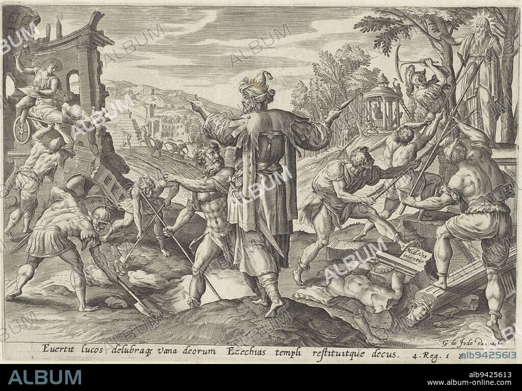 King Hezekiah orders the destruction of the sacrificial sites and images of idols. In the landscape, his men take down the images. Below the image a reference in Latin to the Bible text in 2 Kings 18, Hezekiah has the idols destroyed History of Hezekiah and Sanherib Thesaurus sacrarum historiarum veteris testamenti , Maerten de Vos, (mentioned on object), print maker: anonymous, publisher: Gerard de Jode, (mentioned on object), Antwerp, 1585, paper, engraving, h 202 mm × w 291 mm.