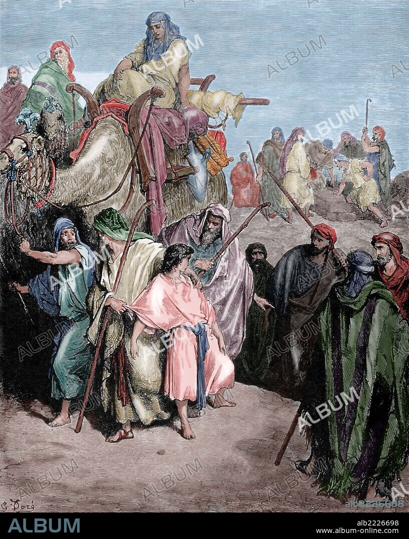 PAUL GUSTAVE DORÉ. ANTIGUO TESTAMENTO. JOSE. Patriarca israelita, tronco de las tribus de Efraím y Manasés. Hijo de Jacob y Raquel. "JOSE, ENVIADO Y VENDIDO POR SUS HERMANOS, ES CONDUCIDO COMO ESCLAVO A EGIPTO Y VENDIDO A PUTIFAR". Génesis, Capítulo XXXVII, Versículo 23-32. Dibujo de Gustavo Doré. Grabado de Thomas. Coloreado.
