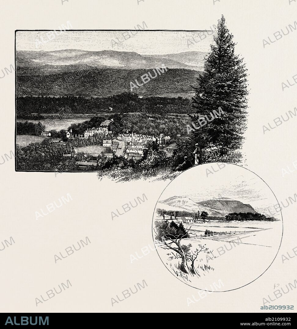 BIRNAM, FROM BIRNAM HILL, AND DUNSINANE HILL (RIGHT AT THE BOTTOM), UK. Birnam, Perth and Kinross, a village near Dunkeld, Scotland, the location of Great Birnam Wood in Shakespeare's Macbeth.