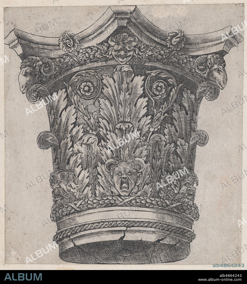 MASTER GA. Speculum Romanae Magnificentiae: Capital with ram heads and masks, ca. 1537.