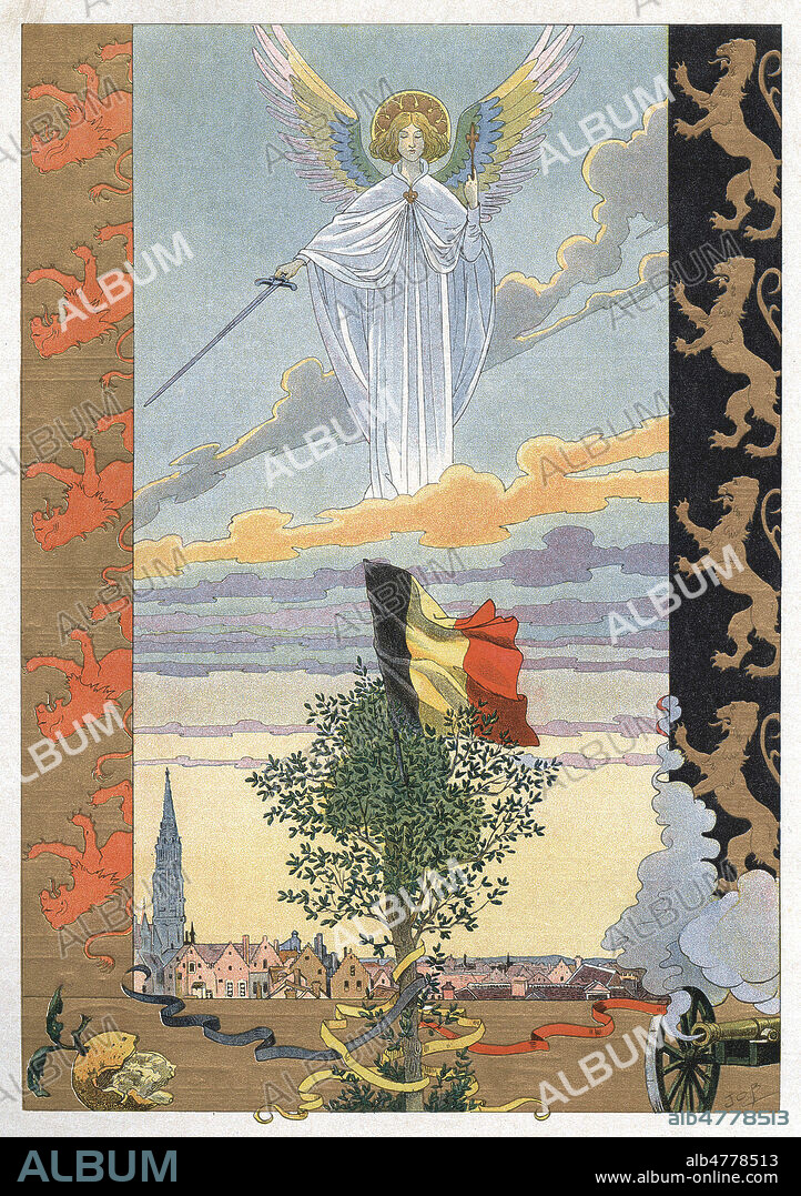 La Brabanconne. Ce chant national belge, chante la premiere fois le 8 septembre 1830, sonne le tocsin de l'emeute. Paroles de JENNEVAL, Musique de VAN CAMPENHOUT. Illustration de 1899 par JOB (1858-1931) pour Les chants nationaux de tous les pays par Georges MONTORGUEIL (1857-1933). Credit : Coll. Jonas/Kharbine-Tapabor.