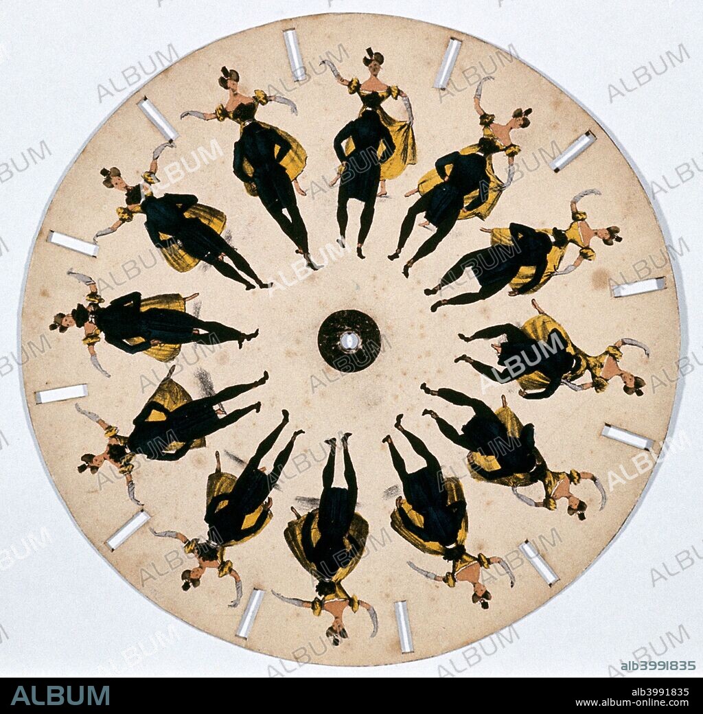 Fantascope disc, 1833. The Fantascope or Phenakistoscope was an optical toy depending on persistence of vision for its effect. This disc shows multiple images of a man and woman dancing a polka. When the picture is spun on a spindle and turned on its side in front of a looking glass (mirror) the image gives the impression that the couple are moving. From Fantascope published by Ackermann and Co. (London, 1833).