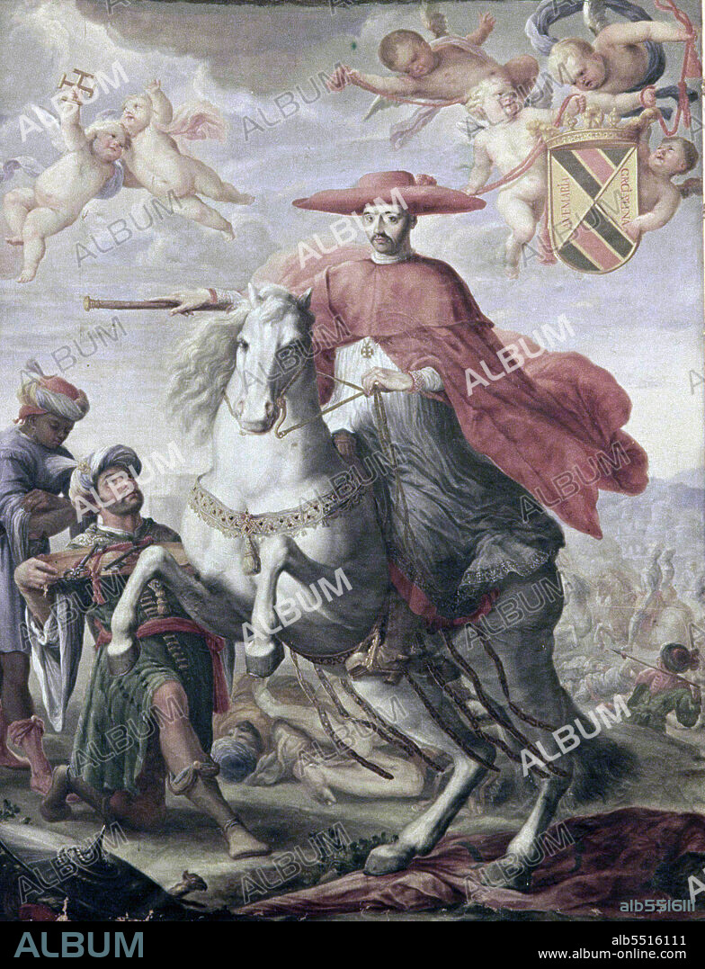 MENDOZA , PEDRO GONZALEZ DE . POLITICO Y ECLESIASTICO ESPAÑOL. GUADALAJARA 1428-1494. " CARDENAL MENDOZA A CABALLO ". ANONIMO. BIBLIOTECA DEL COLEGIO MAYOR DE SANTA CRUZ . VALLADOLID.