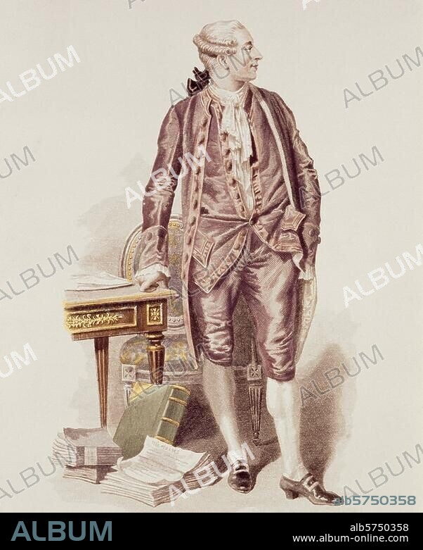Beaumarchais, Pierre Augustin Caron de. French writer; Paris 24.1.1732 - ibid. 18.5.1799. Portrait. Engraving, coloured, after drawing by Emile Bayard (1837-1891). Paris, Bibliothèque Nationale.