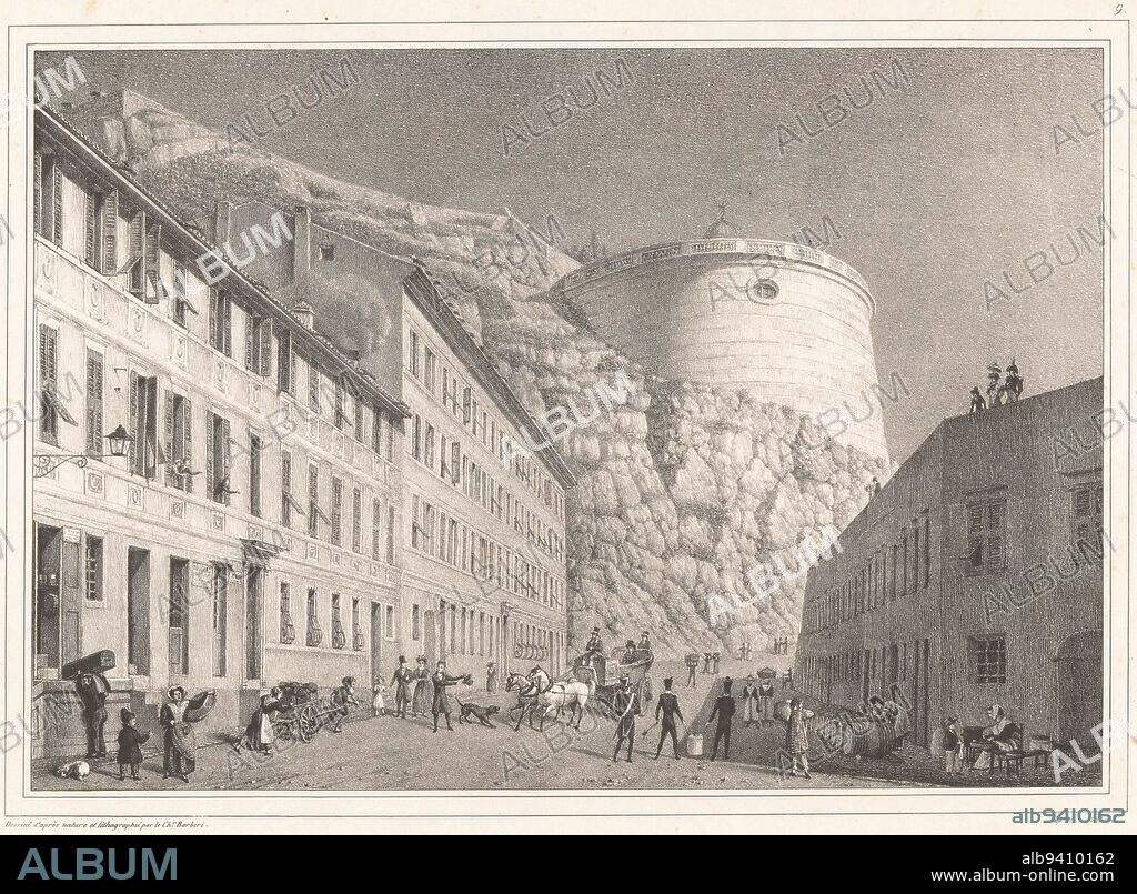 View of the tower of Bellanda on the Colline du Chteau in Nice Vue de la tour de Clerissi, a Nice Views in Nice , print maker: Paul-Émile Barberi, (mentioned on object), intermediary draughtsman: Paul-Émile Barberi, (mentioned on object), printer: François Jean Villain, (mentioned on object), Paris, 1836, paper, h 284 mm × w 395 mm.