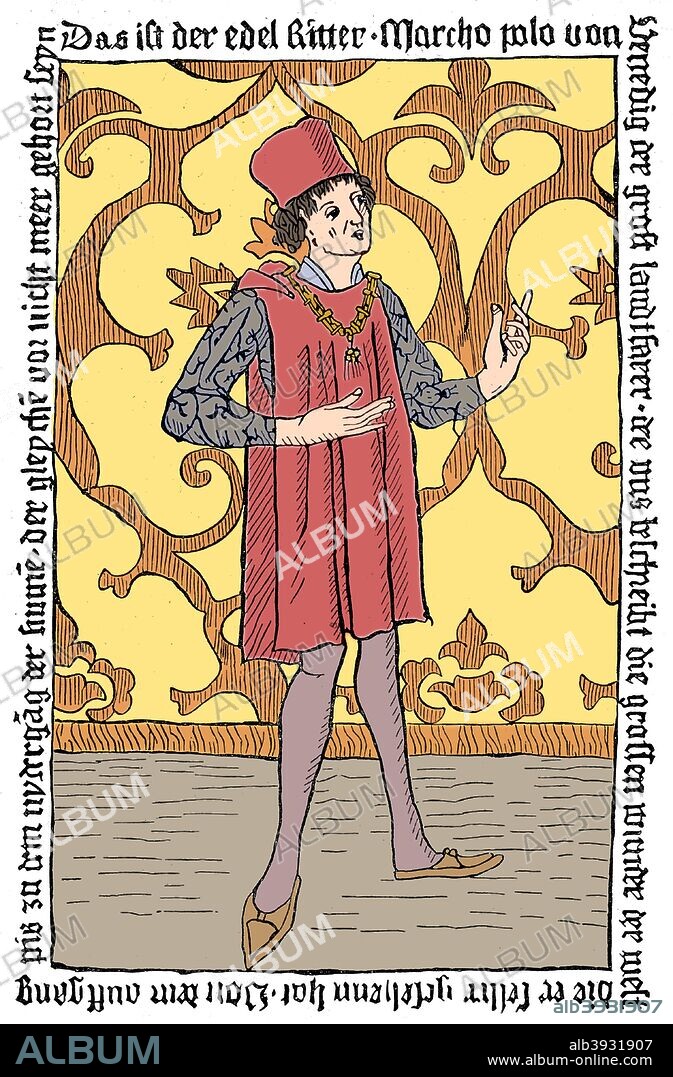 Marco Polo, Medieval Venetian merchant and traveller. Together with his father and uncle, Marco Polo (1254-1324) set off from Venice for Asia in 1271, travelling the Silk Road and arriving at the court of Kublai Khan some three years later. They spent 17 years in China before returning home, arriving back in Italy in 1295. Marco Polo was imprisoned by the Genoese, writing an account of his travels, Il Milione whilst in captivity. (Colorised black and white print).