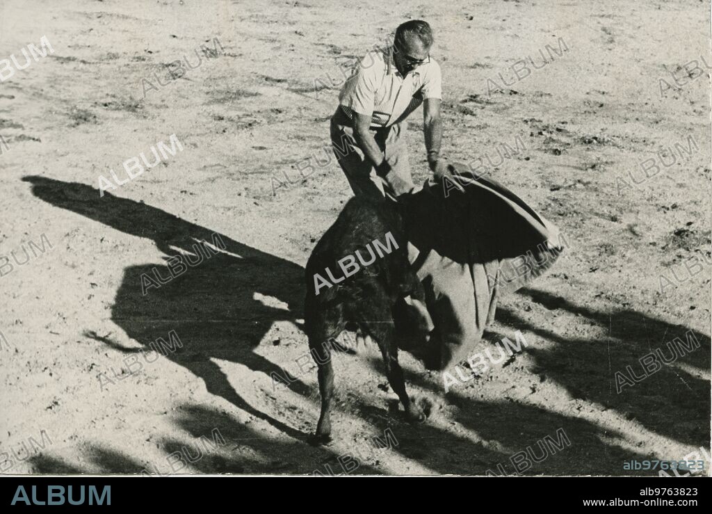 Mocejón (Toledo). 15/07/1953. En la finca Castillo de Higares, los señores de Candarlas ofrecieron una tienta, a algunos famosos de Hollywood que estaban en España. En la imagen Gary Cooper prueba suerte con una vaquilla.