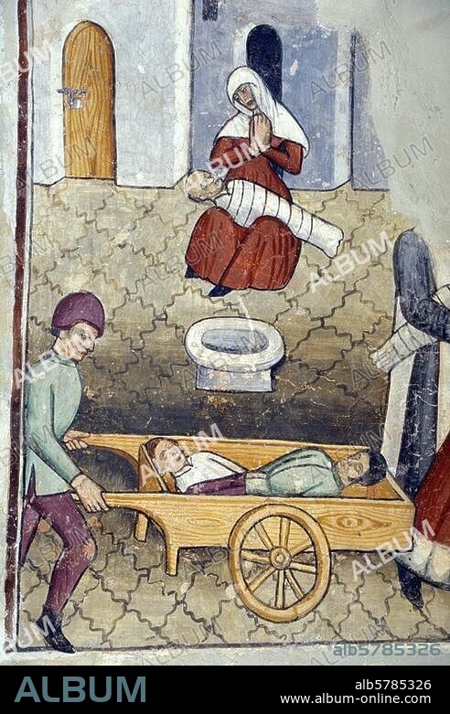 Venanson (Dép. Alpes-Maritimes, France), Chapelle Saint-Clair. (built in the 15th Century to protect from the plague). Plague-ridden corpses are carried away as a mother cries. Detail from a cycle of paintings with scenes from the plague epidemic. Fresco, 1481, by Giovanni Baleison.