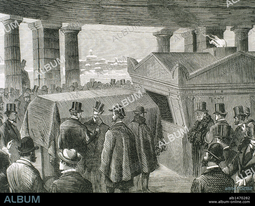 Keller, Albert (1820-1874). Italian capitalist. He bequeathed part of his fortune to build the first crematorium in Milan by entering in his will that his own corpse was subjected to cremation. Keller's body cremated. Engraving.