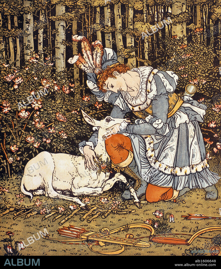 Prince with Deer,  from The Hind in the Wood,  by Walter Crane,  (1845-1915),  USA,  Illinois,  Chicago,  Newberry Library.