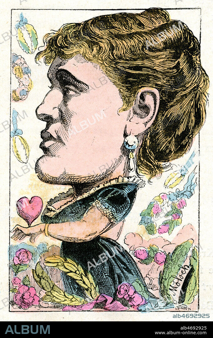 Gabrielle KRAUSS (1842-1906). Caricature de 1882 par MOLOCH (1849-1909) pour Le Trombinoscope de TOUCHATOUT (1835-1911), fin 19eme siecle. Credit Collection KHARBINE TAPABOR.